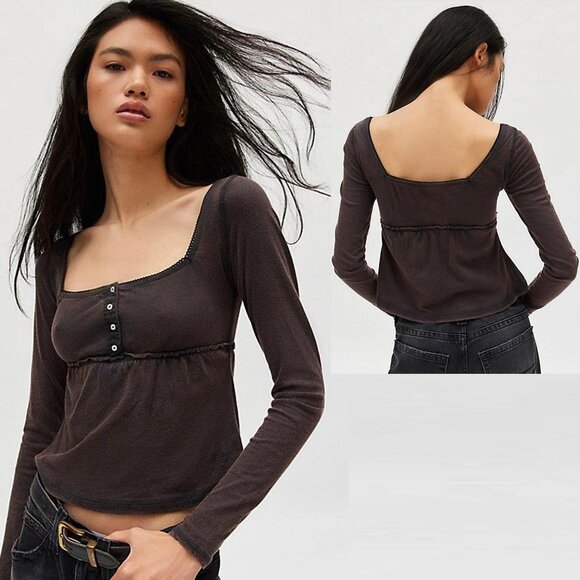 NWT New BDG Brittney Long Sleeve Henley Babydoll Brown Top Size M - Picture 1 of 9